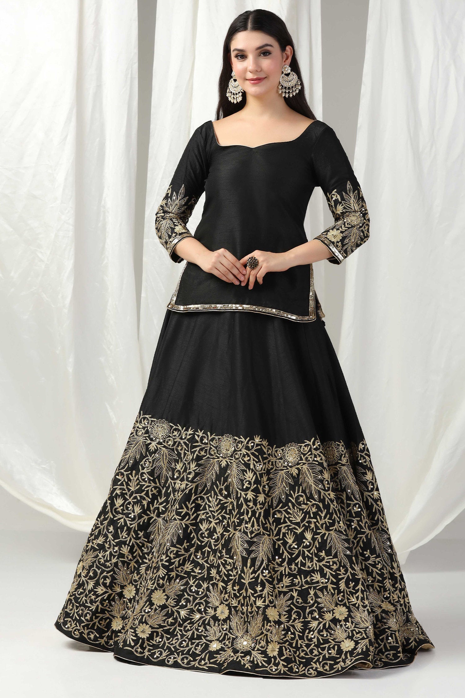 Black Raw Silk Designer Kurti With Lehenga And Dupatta