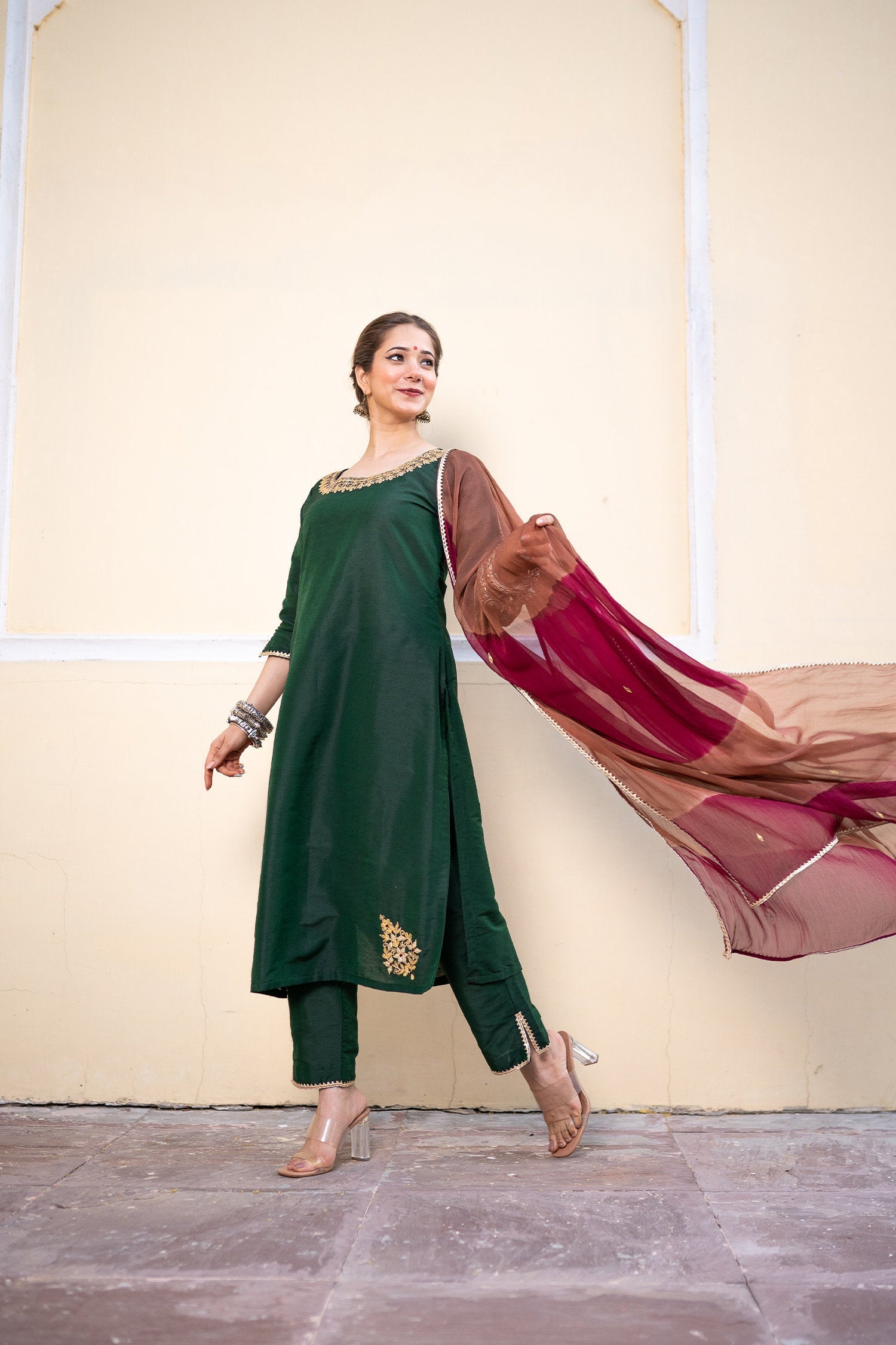 Bottle Green Cotton Silk Gota Patti Suit Set