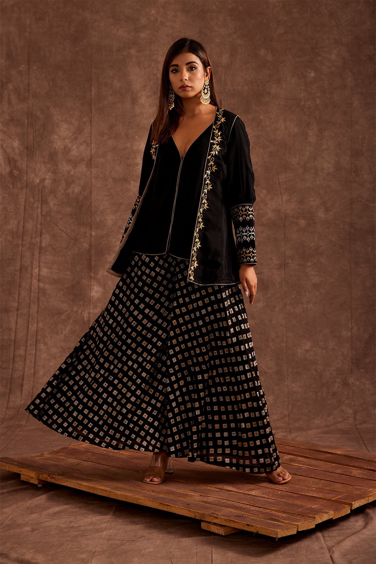 Black Pure Chinon Sharara Set With Jacket