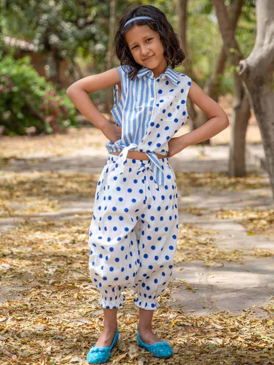 Set of 2 - Polka Dots Organic Cotton Block Printed Top & Pants Set