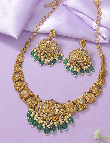 Designer Lakshmi Devi Emerald Matt Kempu Necklace Set