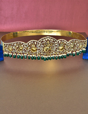 Zirconia Victorian RadhaKrishna Belt Vaddanam With Green Beads