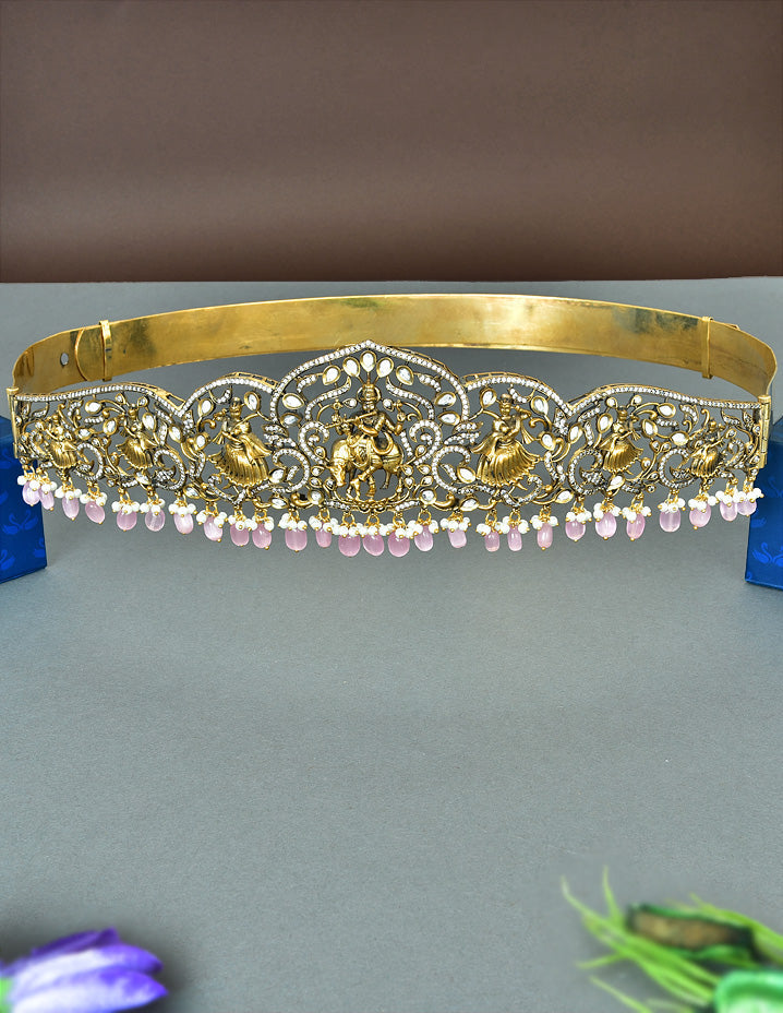 Zirconia Victorian RadhaKrishna Belt Vaddanam With Baby Pink Beads