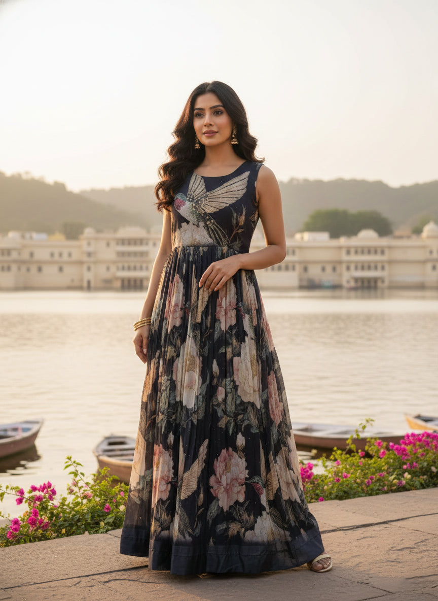 Black Georgette Floral Digital Print Long Dress