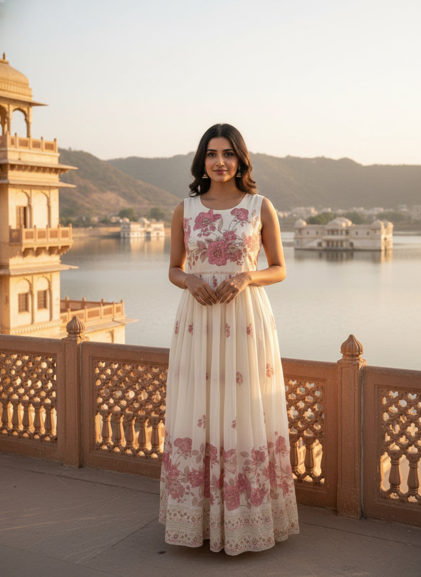 Cream Chiffon Floral Printed Long Dress