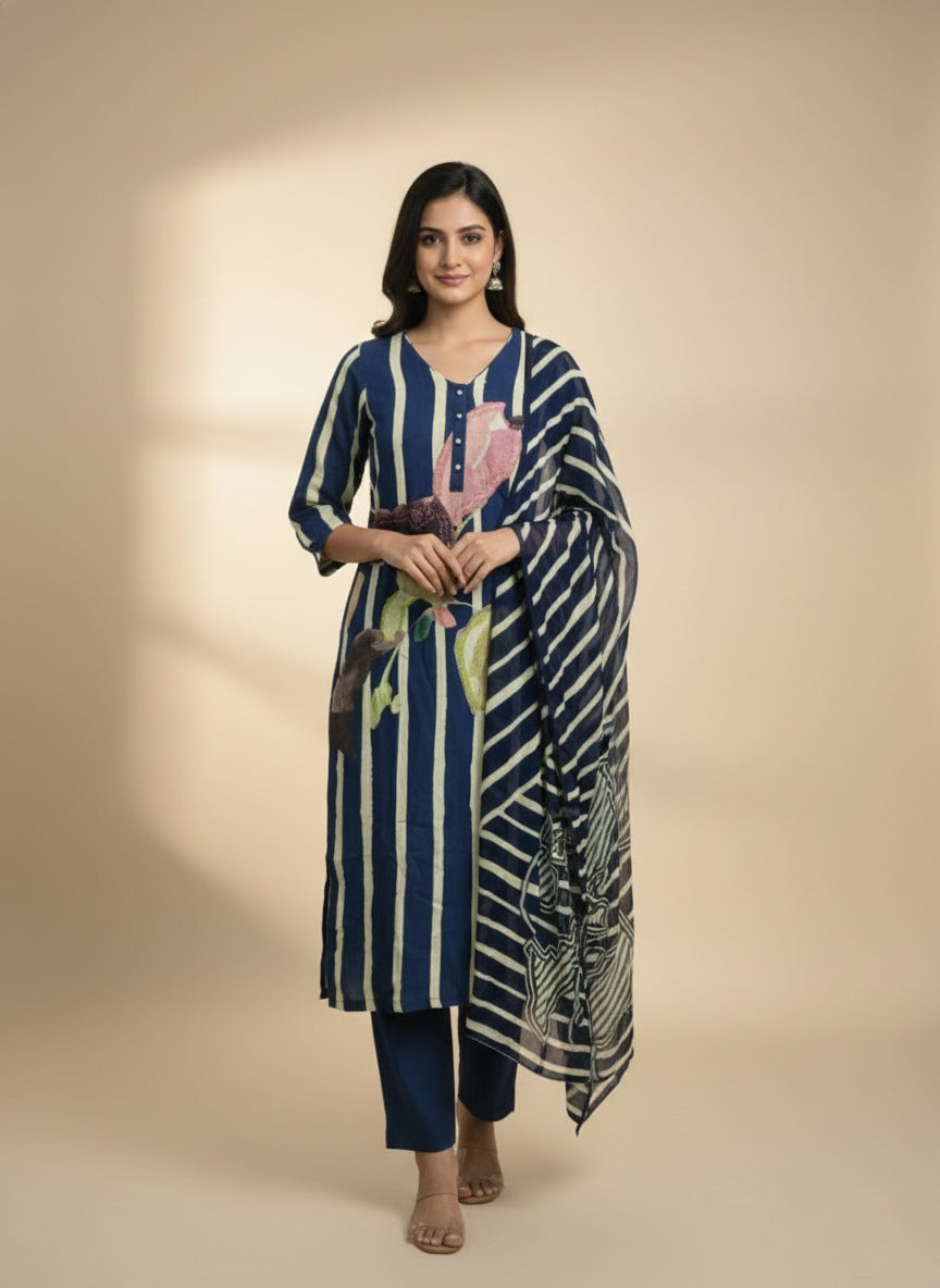 Navy Blue Linen Digital Print Three Piece Set