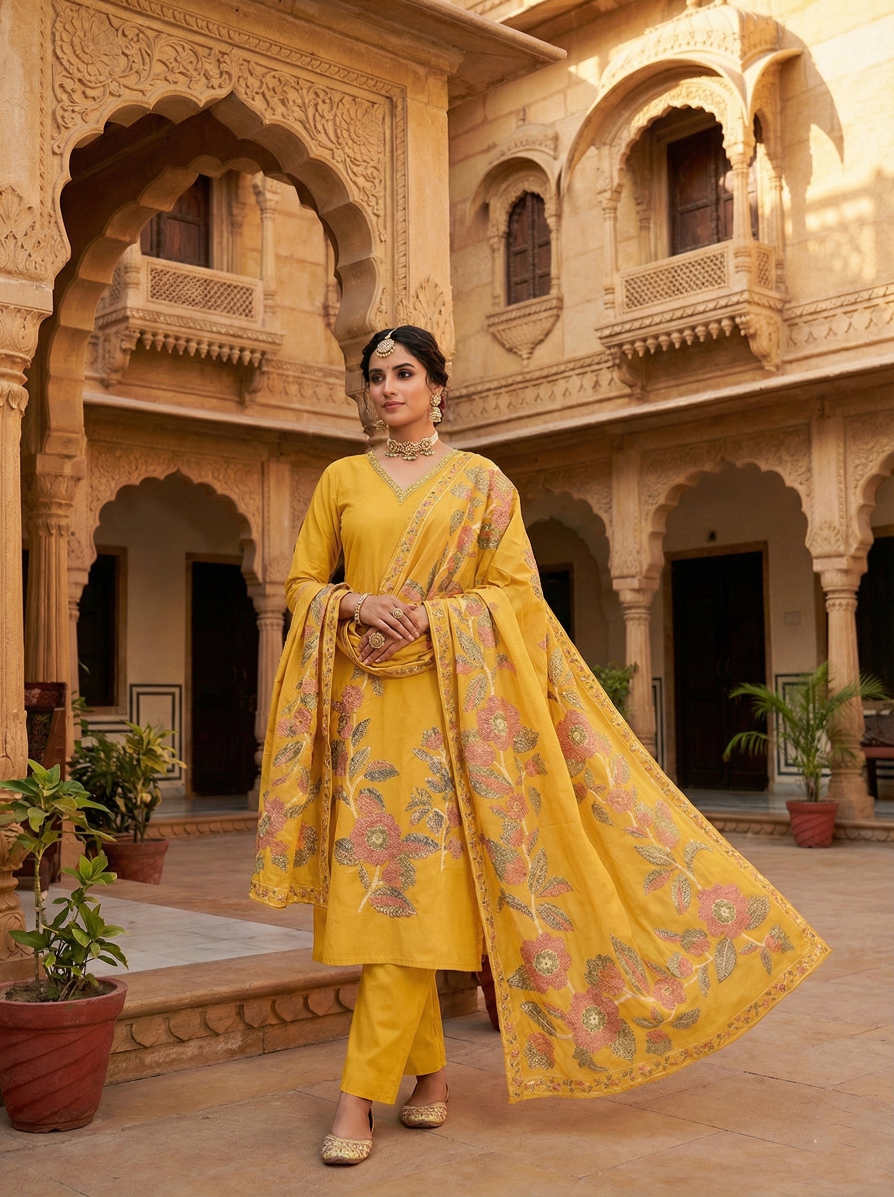 Mustard Chanderi Floral Printed Three Piece Set