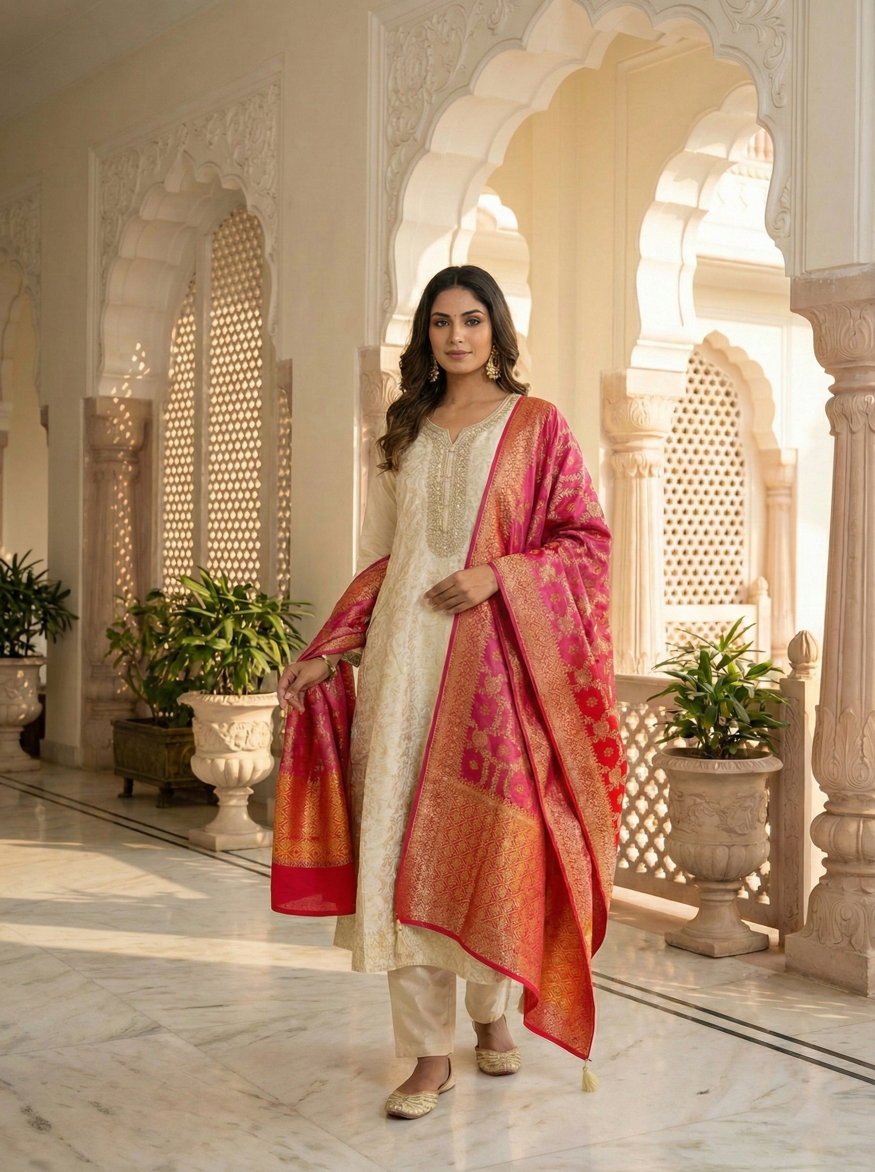 Beige Banarasi Zari Embroiderd Three Piece Set