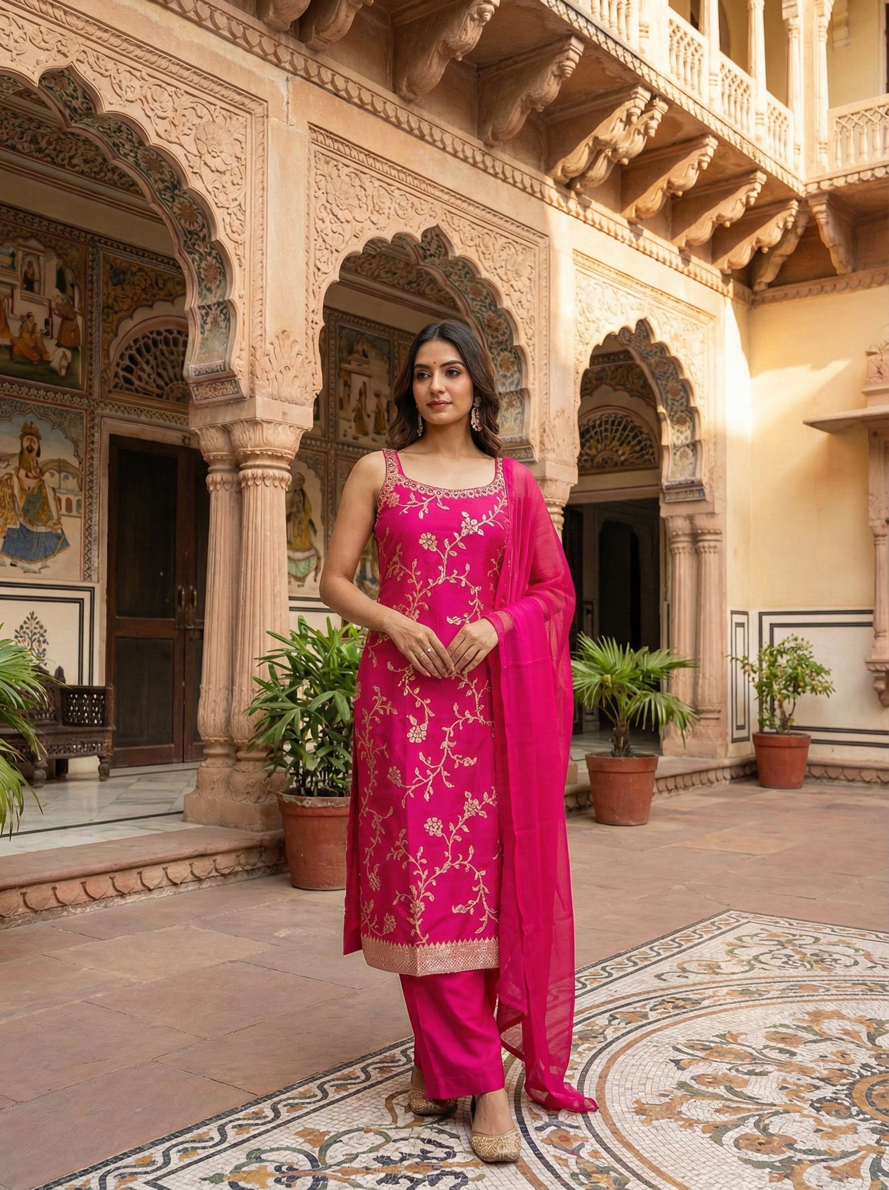 Magenta Organza Hand Embroidered Three Piece Set