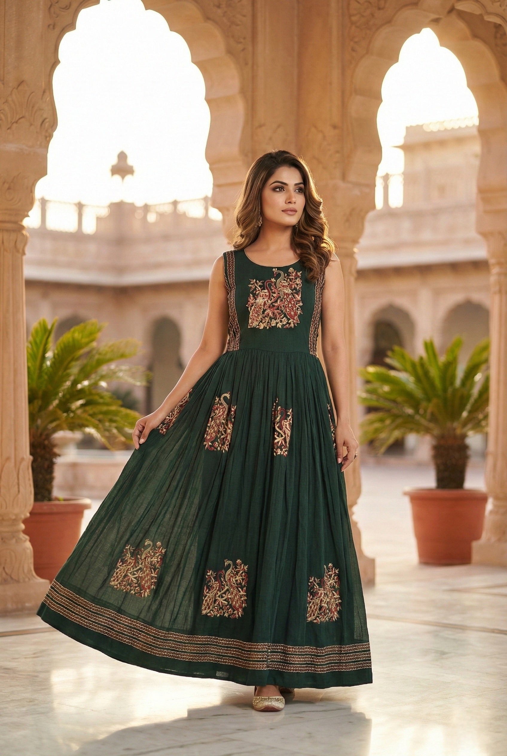 Bottle Green Chinon Hand Embroidery Long Dress