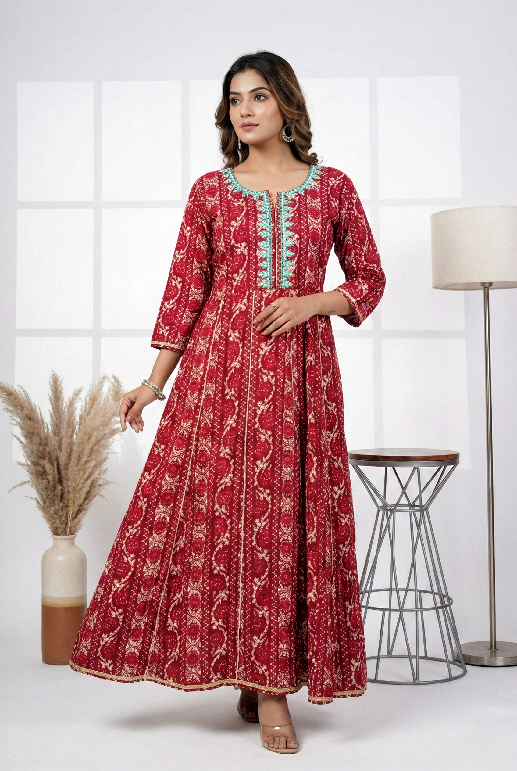 Magenta Rayon Printed Long Dress