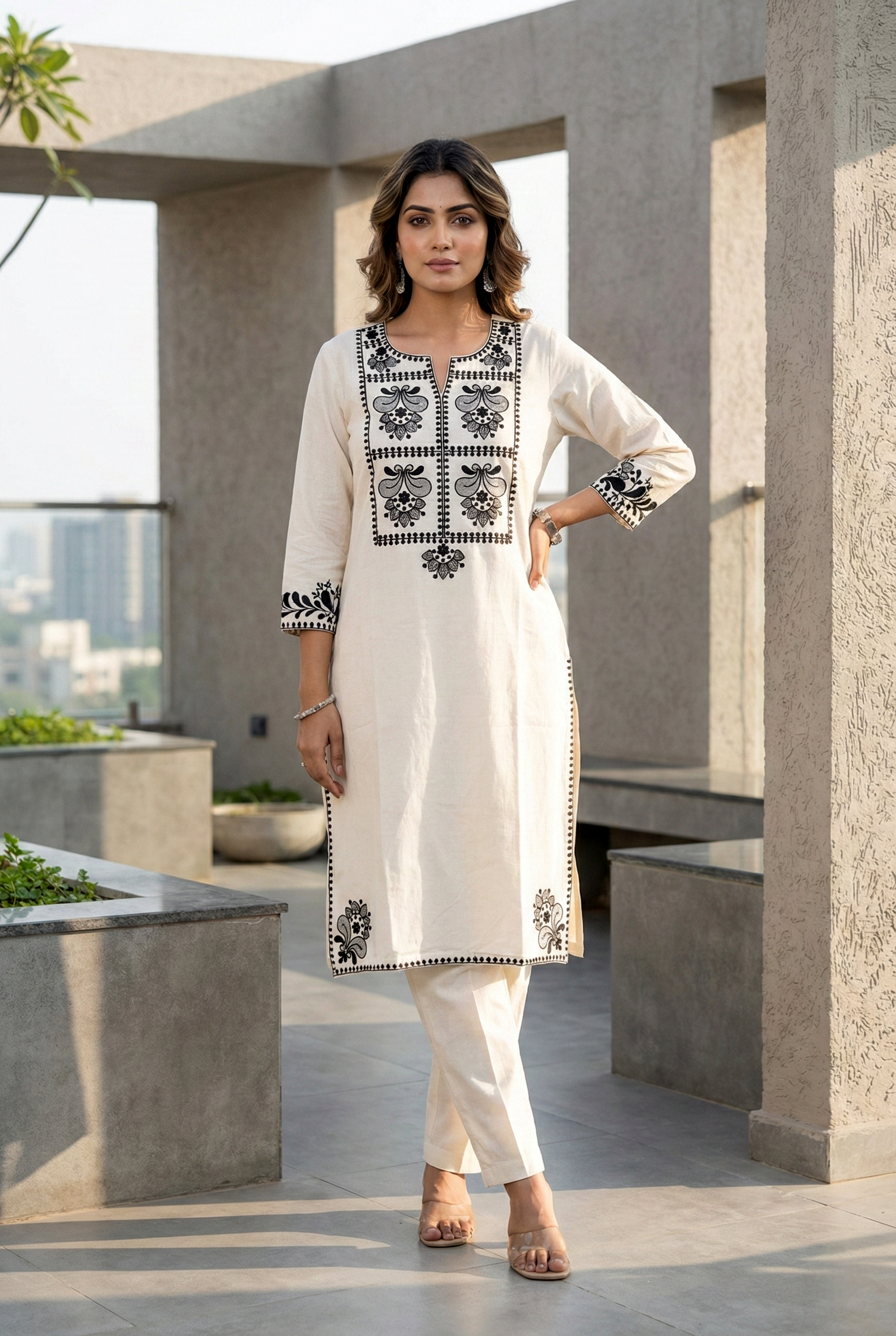 Black Cotton Thread Embroidery Two Piece Set