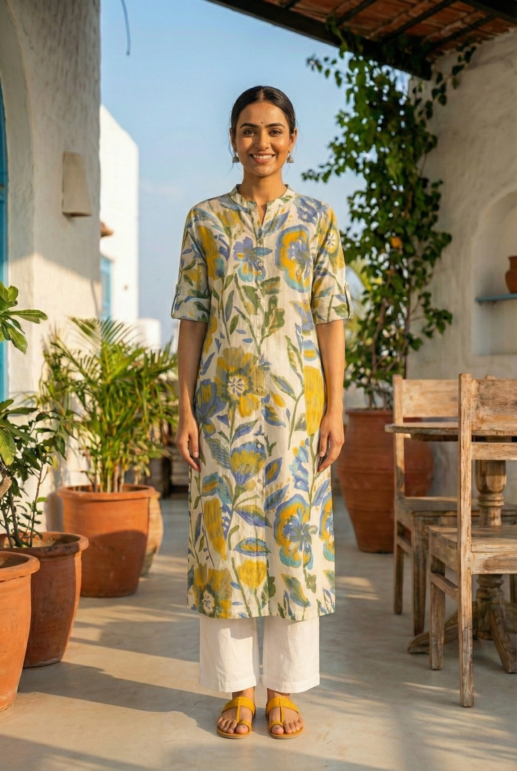 Blue Cotton Floral Digital Printed Kurta