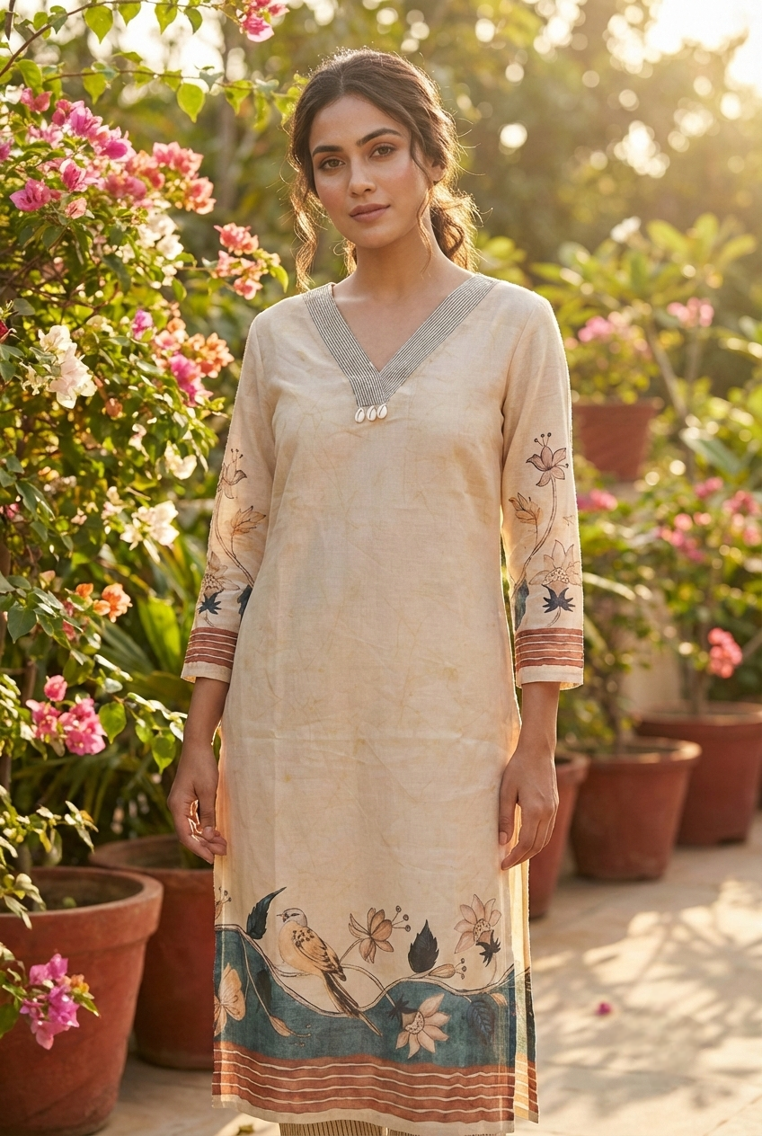 Beige Linen Digital Printed Kurta
