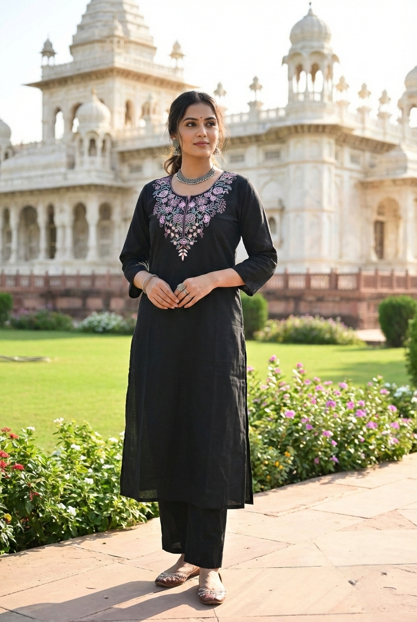 Black Cotton Embroidery Two Piece Set