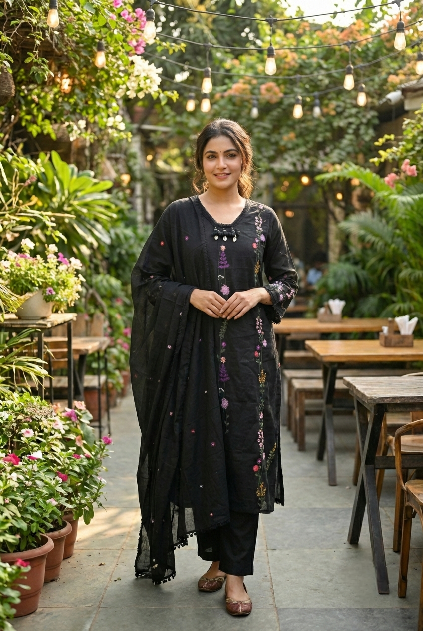 Black Cotton Floral Embroidery Three Piece Set