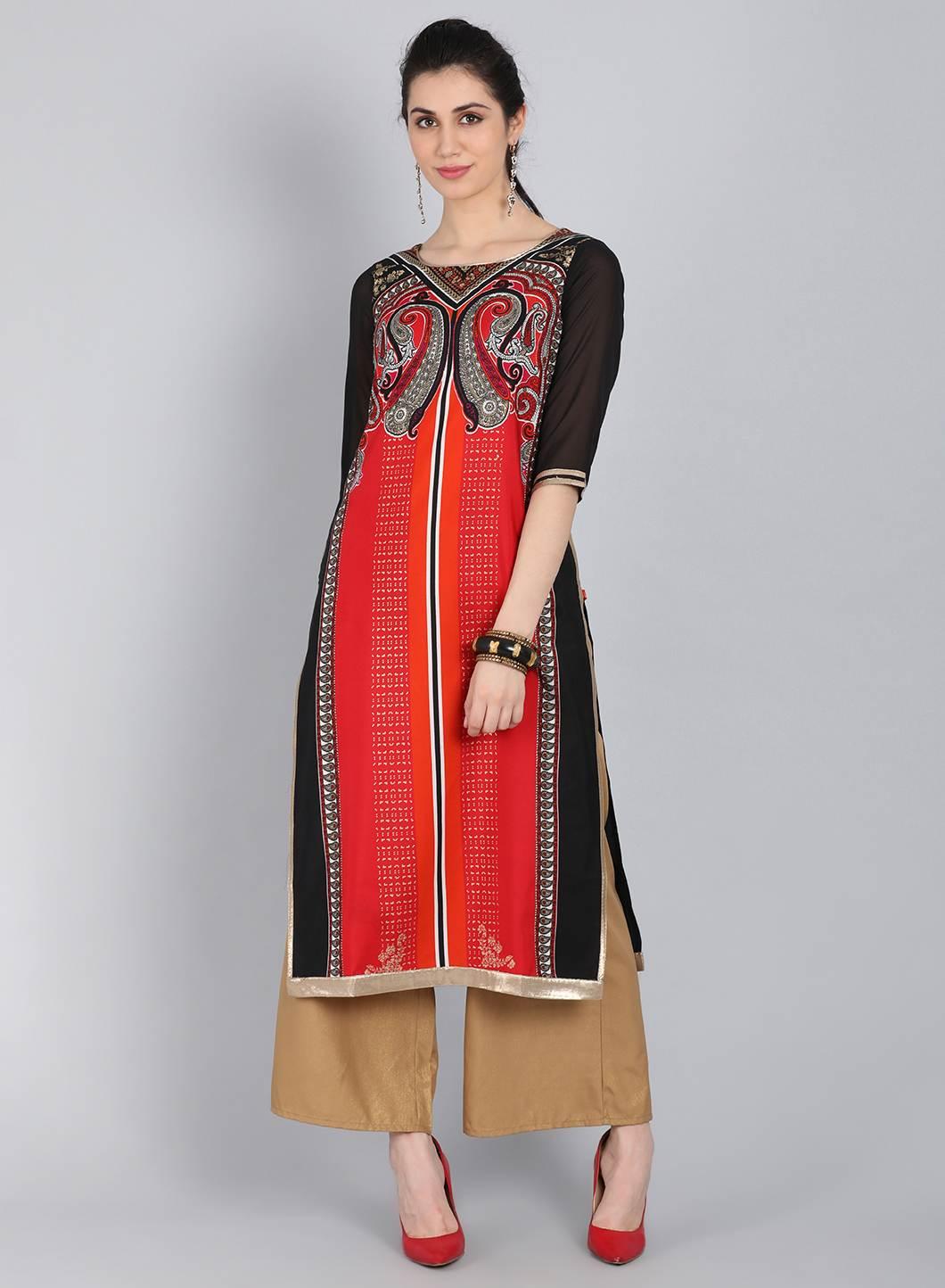 Red & Black Printed Round Neck kurta