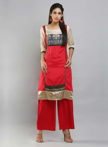 Red & Cream-coloured Square Neck Printed kurta