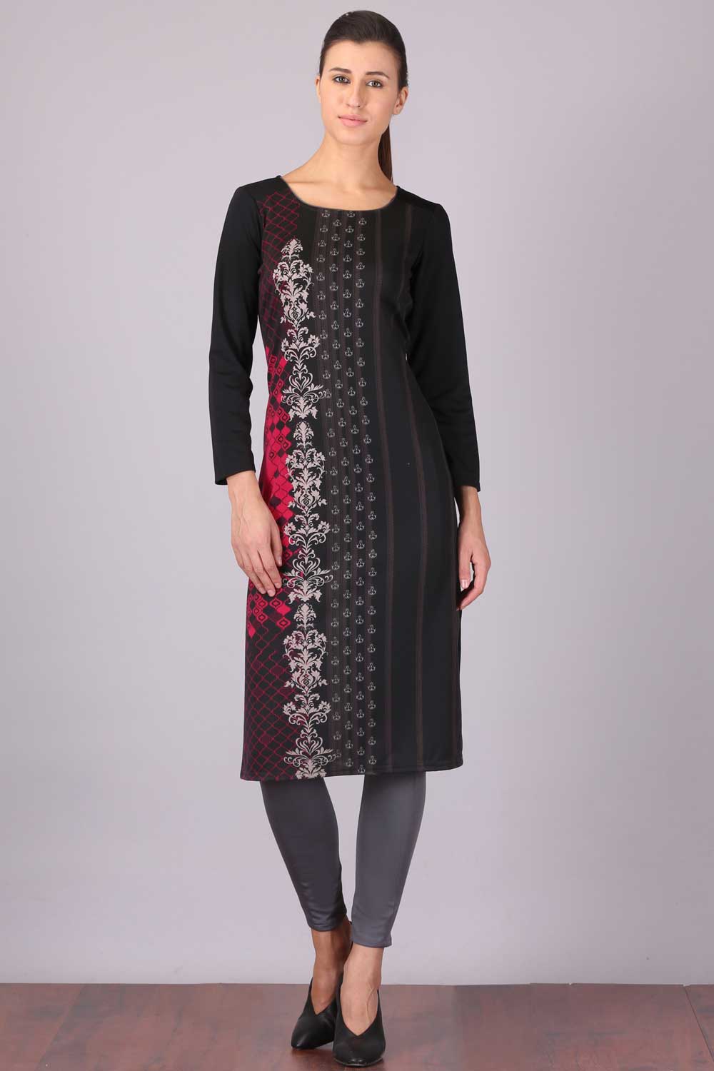 Black Printed Round Neck Winter kurta