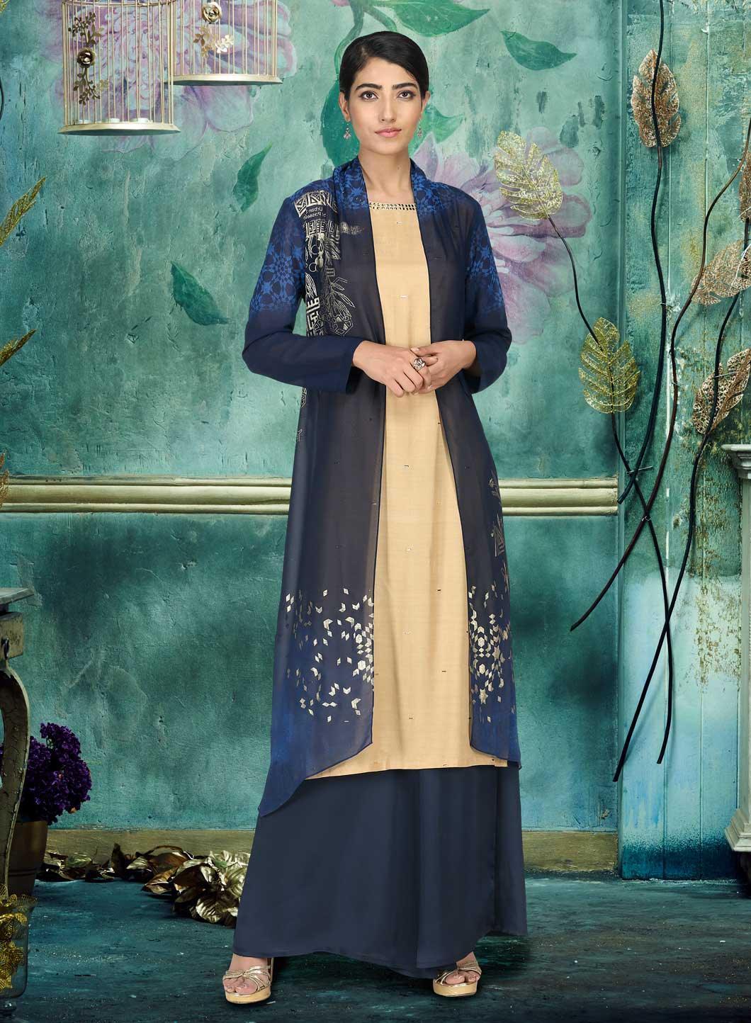 Navy Blue Round Neck Embellished kurta