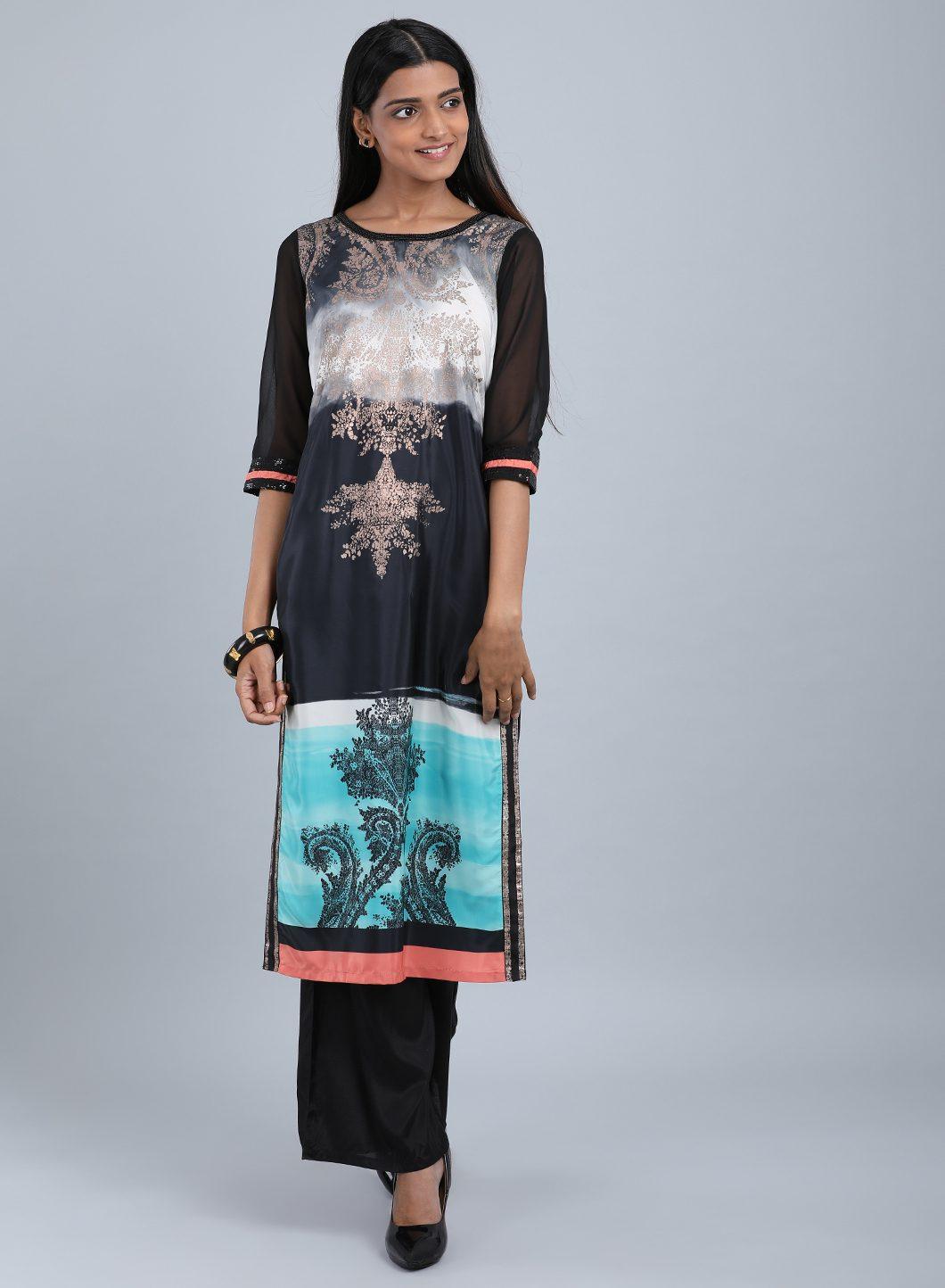 Black Round Neck Embellished kurta