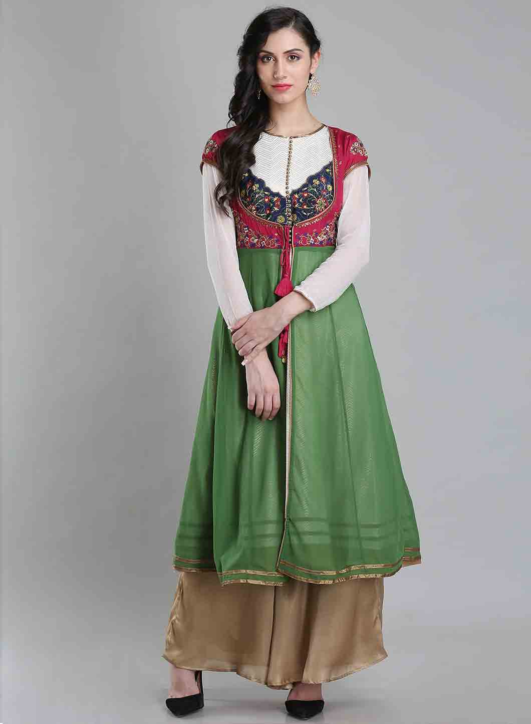 Maroon & Green Round Neck kurta