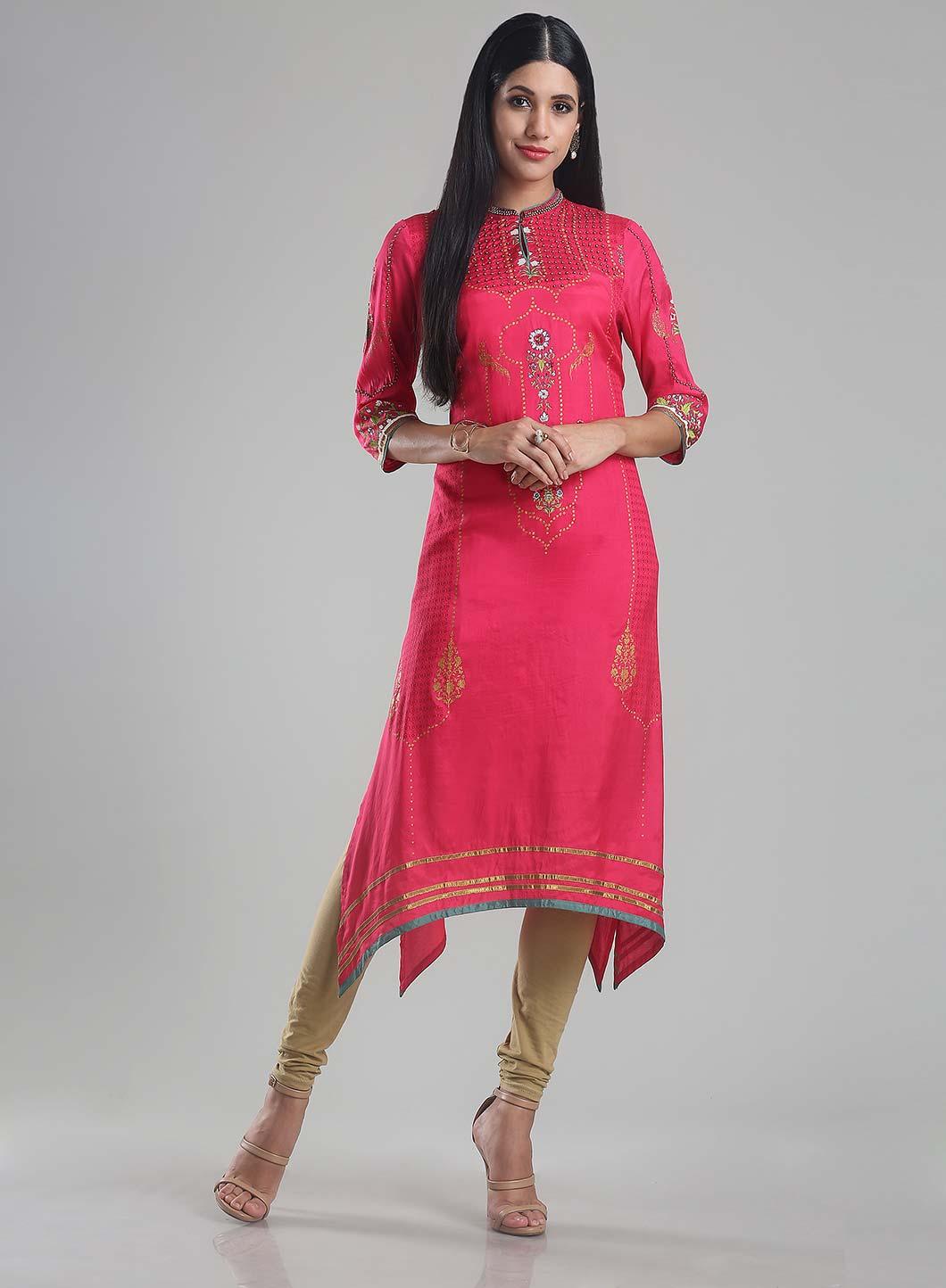 Coral Red Mandarin Neck Printed kurta