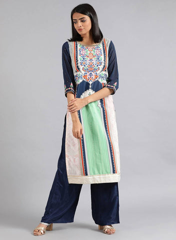 Blue & Green Round Neck Printed kurta