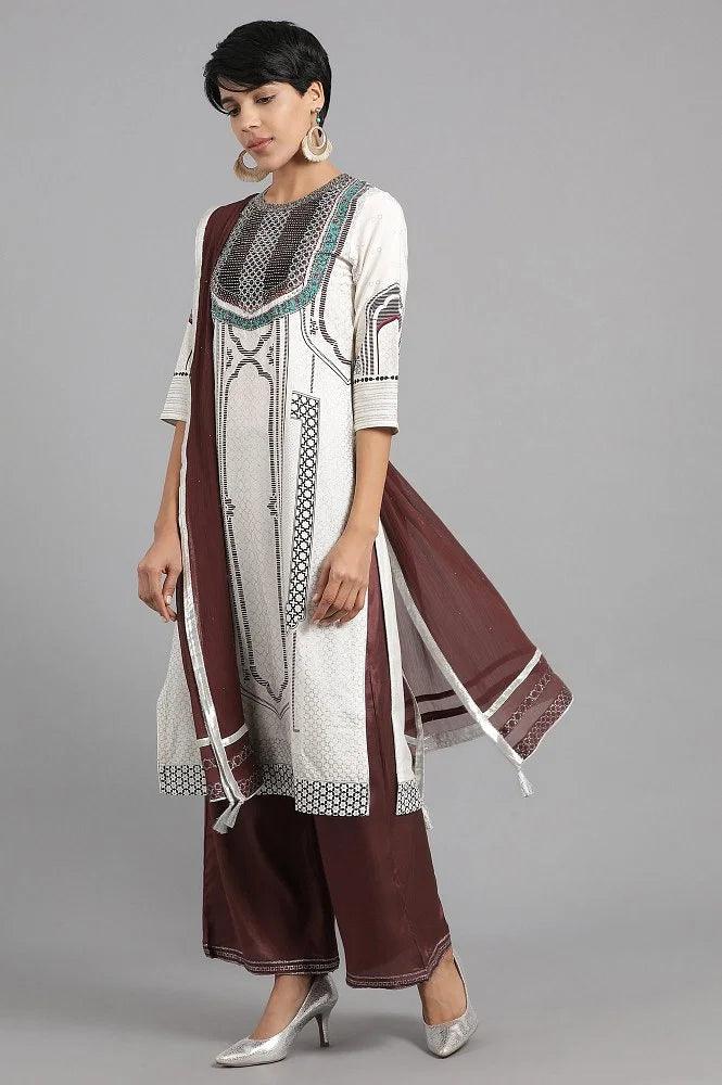 Ecru Round Neck Printed kurta