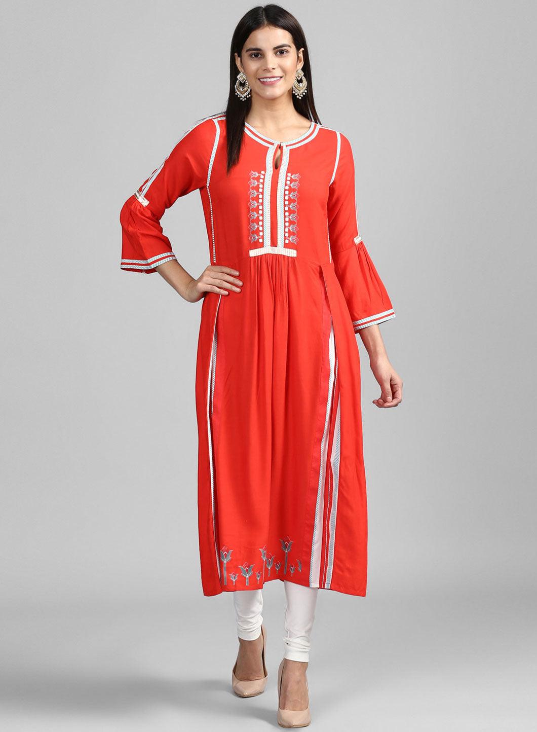 Red Round Neck Floral Print kurta