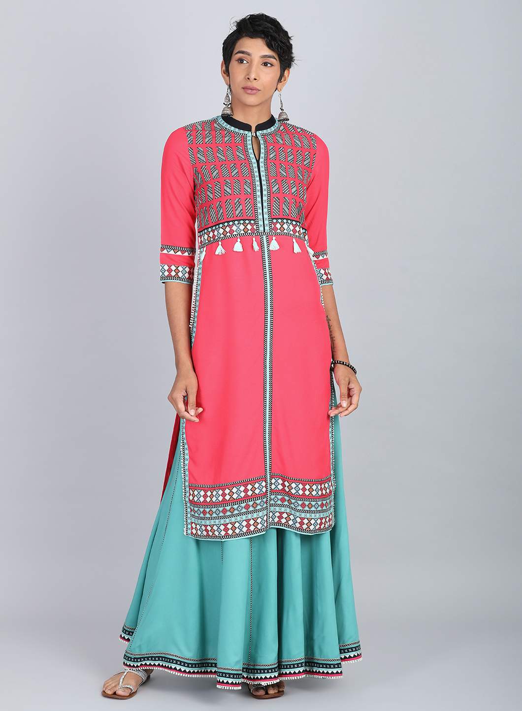 Pink Mandarin Neck Printed kurta