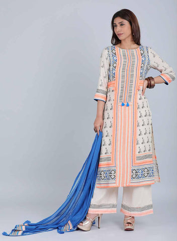 Off-White & Orange Printed kurta