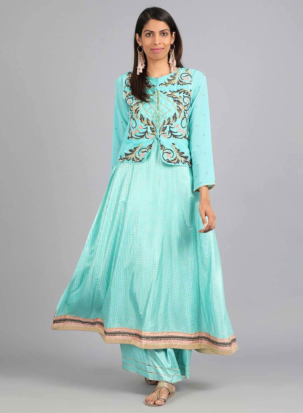 Blue Round Neck Embellished kurta