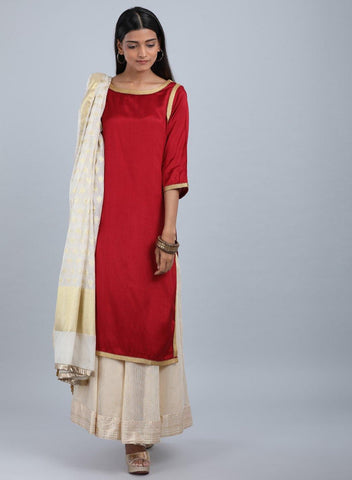 Maroon Round Neck Solid kurta