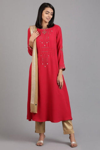 Pink Round Neck Solid Winter kurta