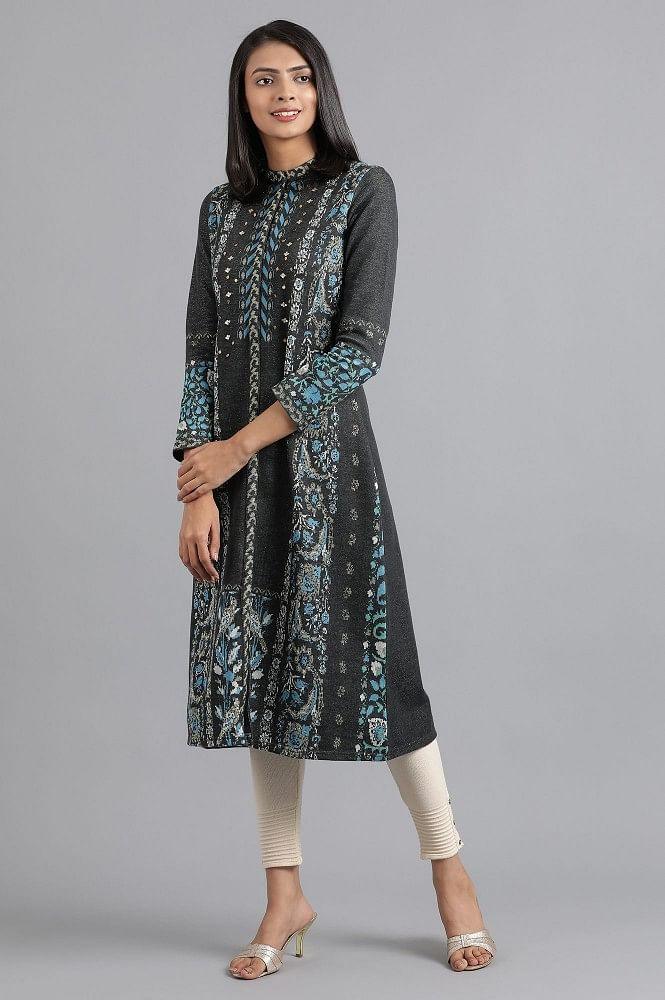 Blue Mandarin Neck Yarn-dyed Winter kurta