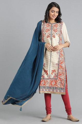 Ecru Round Neck Printed kurta