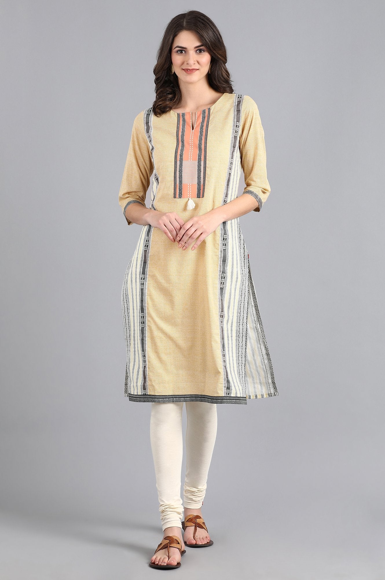 Yellow Round Neck Printed kurta