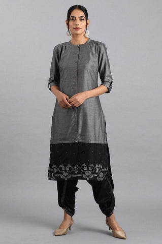 Grey Mandarin Neck Chanderi kurta