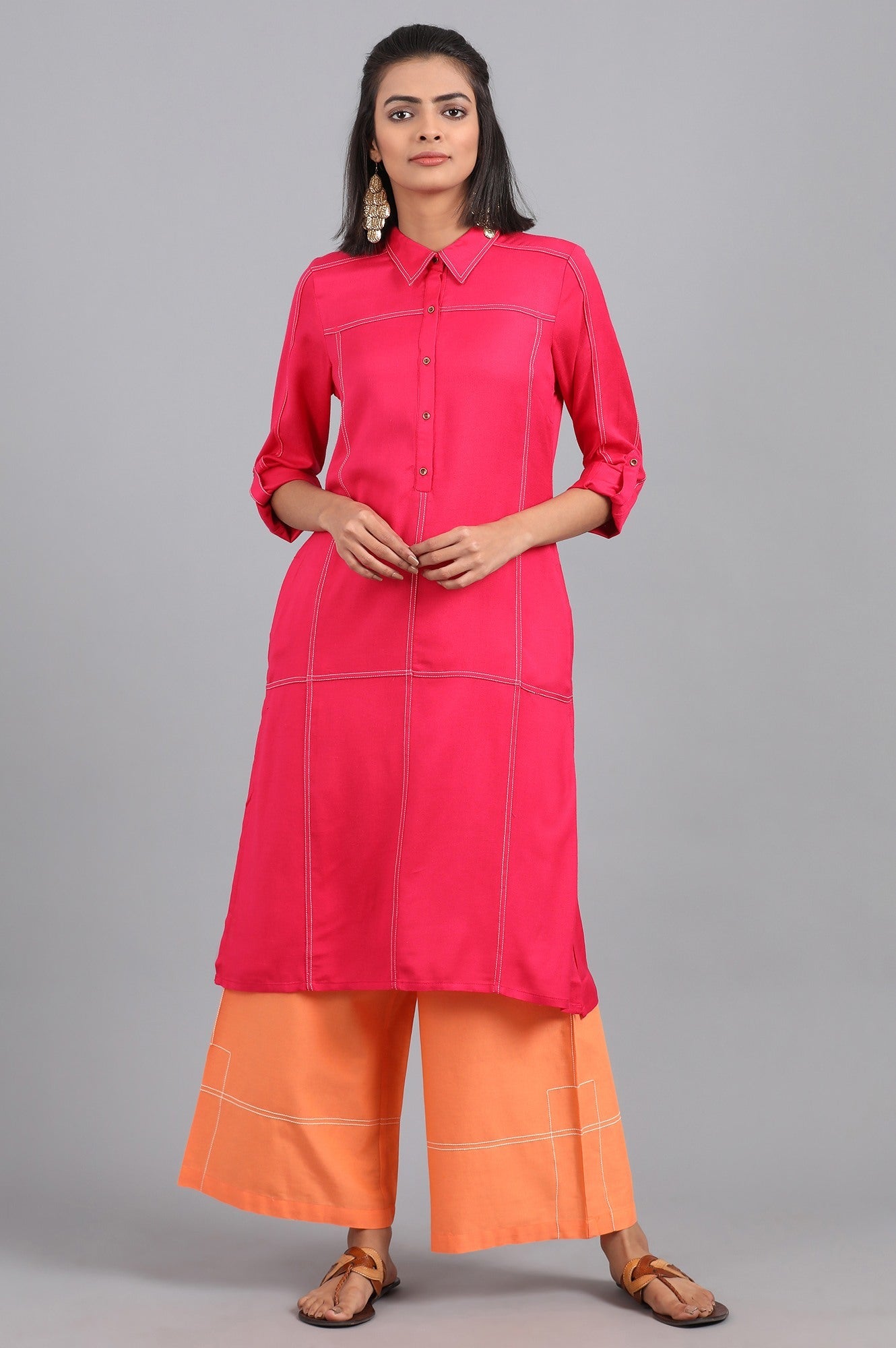 Orange Shirt Collar Solid kurta