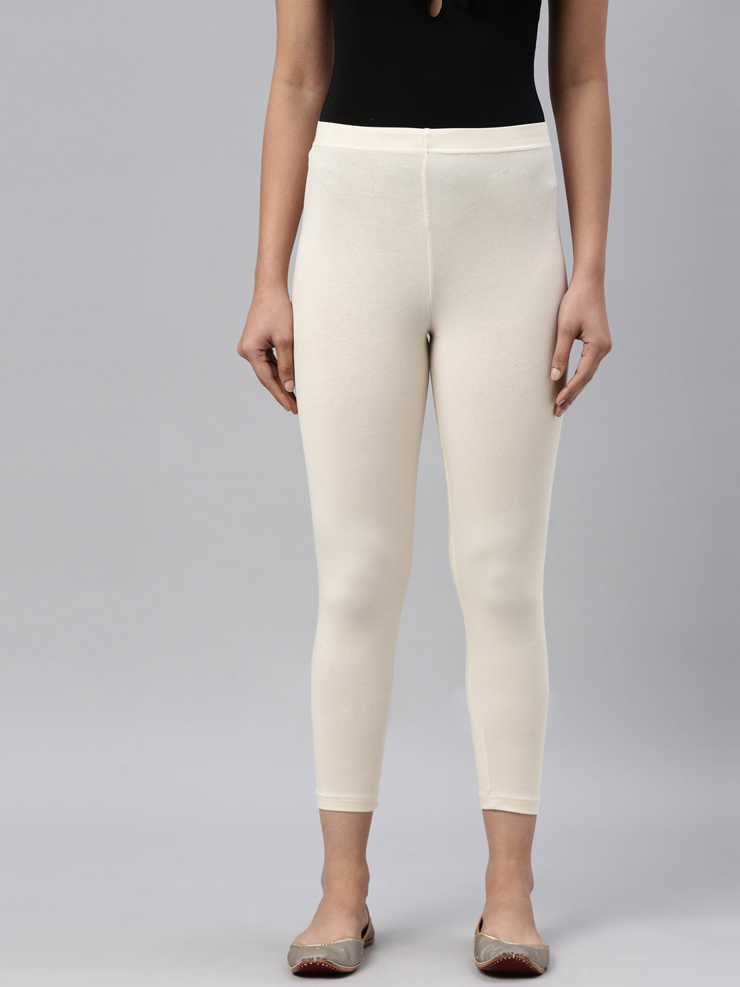 Ecru Cotton Stretch Cropped Leggings