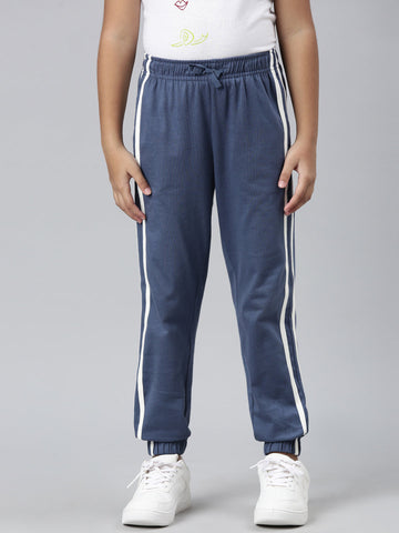 Girls Printed Blue Mid Rise Cotton Joggers