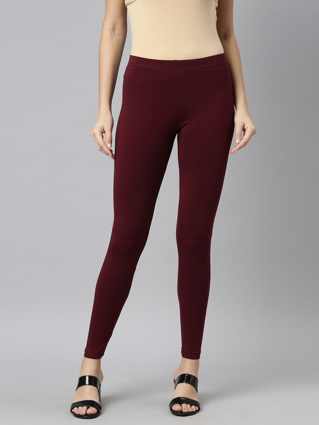 Bright Maroon Cotton Stretch Ankle Length Leggings