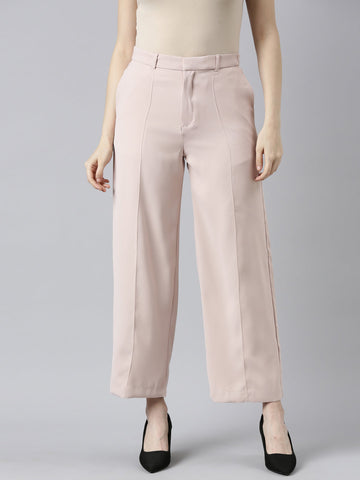 Women Solid Baby Pink High Rise Crepe Wide Pant