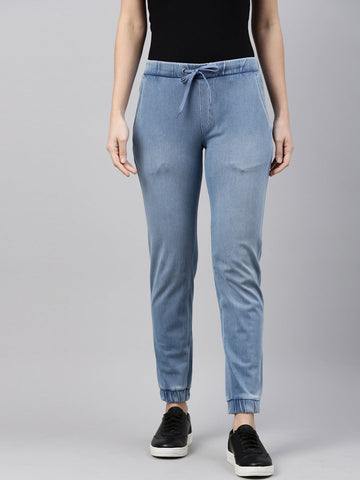 Women Solid Light Blue Denim Joggers