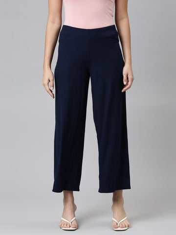 Women Solid Navy Mid Rise Ribbed Palazzos