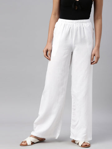 Women White Solid Linen Palazzos