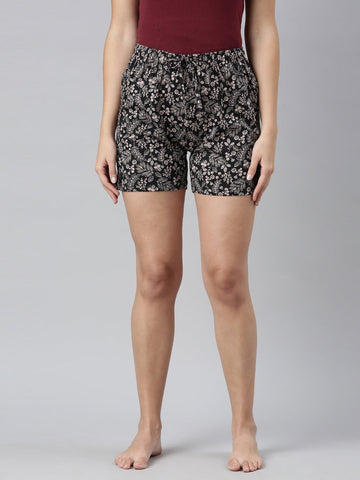 Women Printed Black Mid Rise Woven Viscose Lounge Short