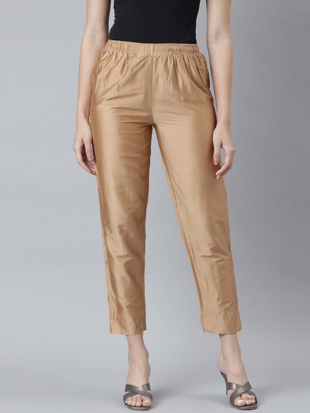 Women Antique Gold Solid Mid Rise Metallic Pants