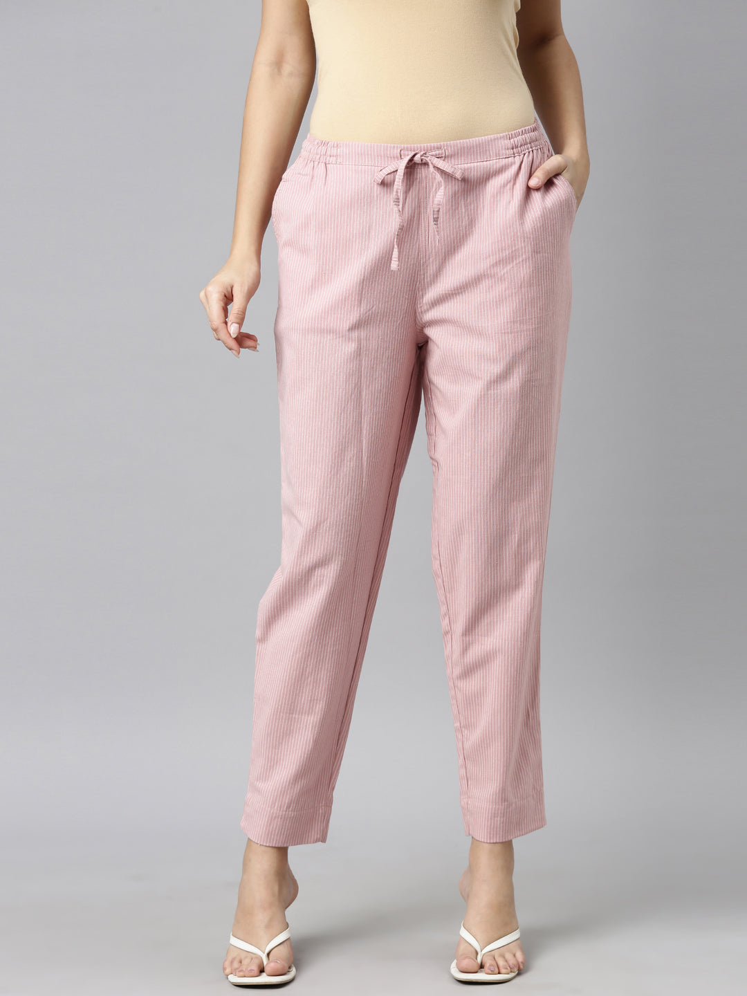 Women Solid Light Pink Mid Rise Linen Pencil Pants